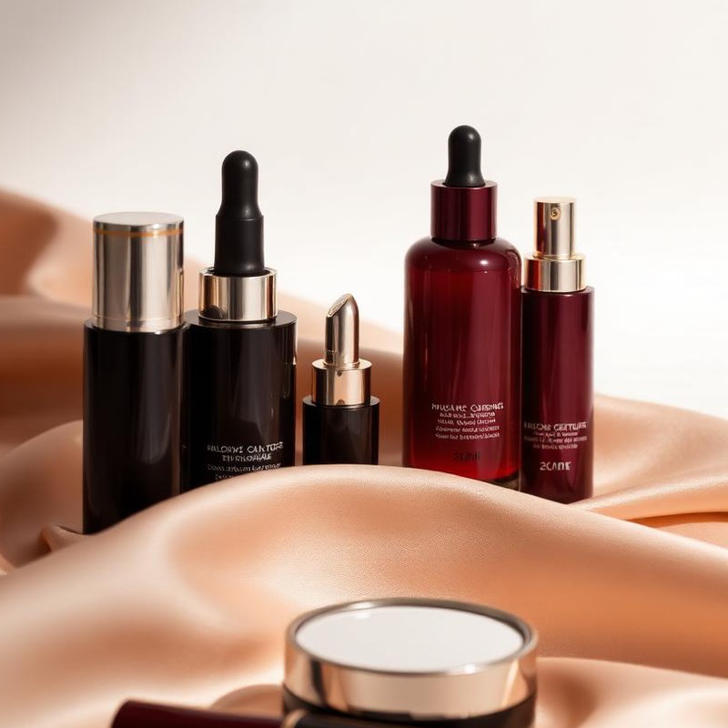 Burgundy serum bottle on champagne silk
